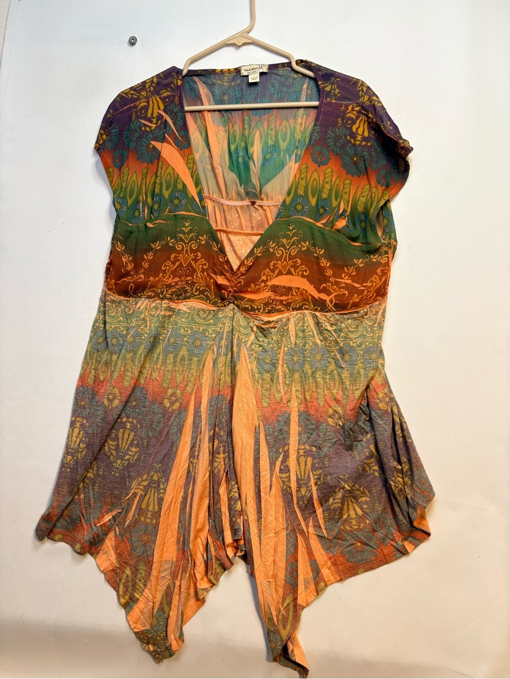 One World Live & Love 2X Boho Patchwork Tunic Top Multicolor Handkerchief Hem